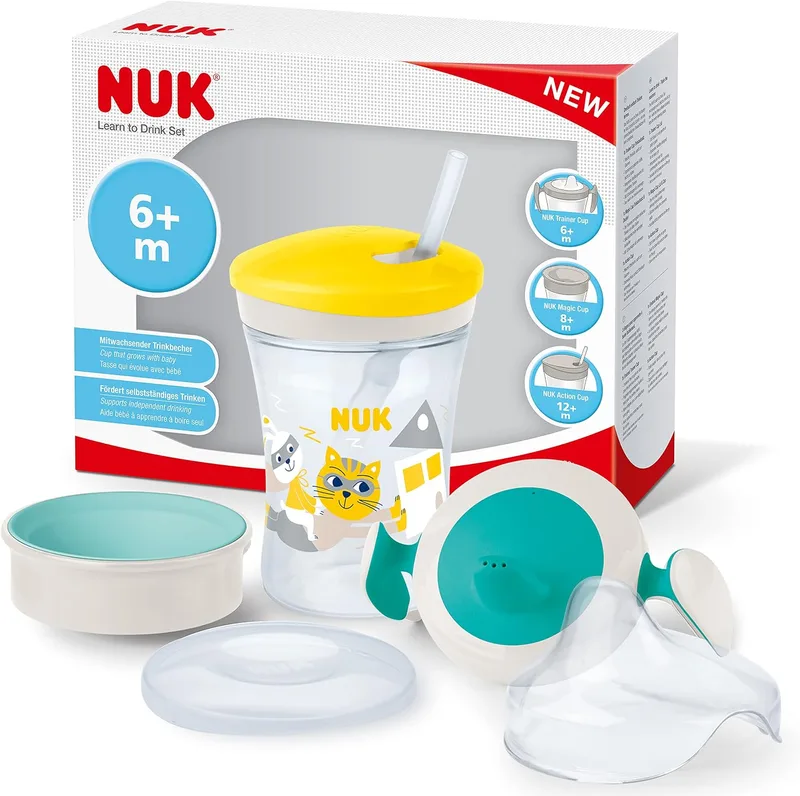 NUK ▫️ Conjunto para aprender a beber com treino, para principiantes (a partir dos 6 meses), copo mágico de 360° (a partir dos 8 meses) e caneca de ação para crianças pequenas (a partir dos 12 meses), 230 ml, sem BPA, gato amarelo
