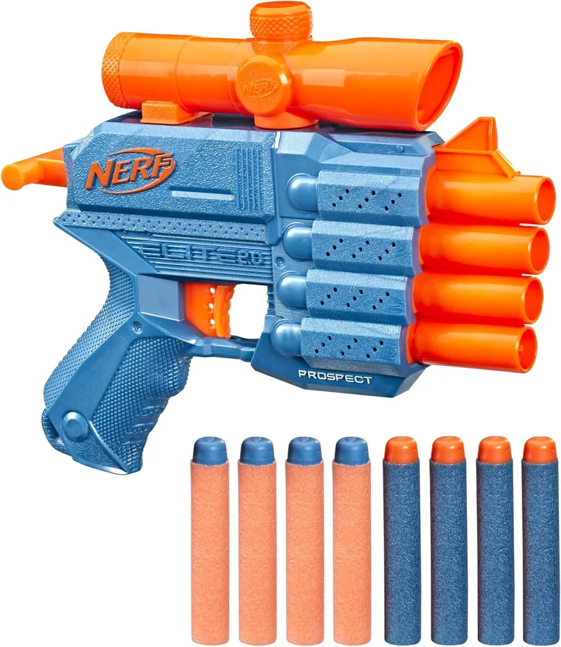 Nerf ▫️ Hasbro Elite 2.0, Prospect QS-4, 8 dardos de espuma, lançador de mira fixa, acessórios de plástico, Diversão com os amigos, Jogos de coordenação e estratégia, Demolidor com rebentamento, Elite 2.0, Prospect QS-4, 8 dardos de espuma, Demolidor com rebentamento, acessórios de plástico, Diversã