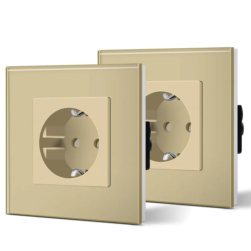 BSEED ▫️ Tomada de parede com vidro, Tomada de encastrar standard, Tomada standard, Tomada eléctrica, Segurança para crianças, Fácil de instalar, Série M, 1 Tomada - 2 Embalagens, 86mm Dourado