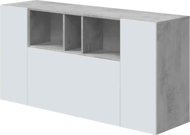 Habitdesign ▫️ Aparador de 3 portas, Buffet para sala de estar, Armário de apoio, Modelo Loira, Acabamento em Cinzento Cimento e Branco Artik, Medidas: 150 cm (L) x 76 cm (A) x 41 cm (P)