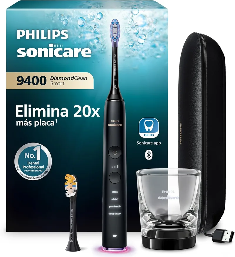 PHILIPS ▫️ Sonicare DiamondClean Smart 9400, escova de dentes elétrica sónica com aplicação, sensor de pressão, deteção da cabeça da escova, preta, modelo HX9917/89