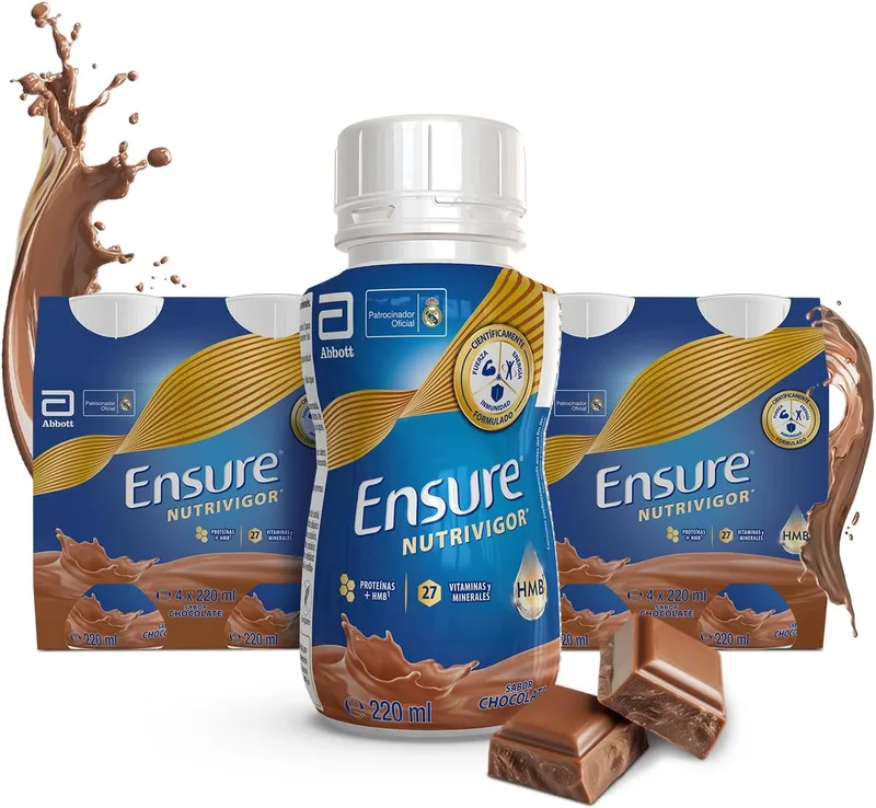 Ensure ▫️ Nutrivigor - Suplemento alimentar para adultos, com HMB, proteínas, vitaminas e minerais, incluindo cálcio - Sabor a chocolate - Embalagem de 8 garrafas de 220 ml