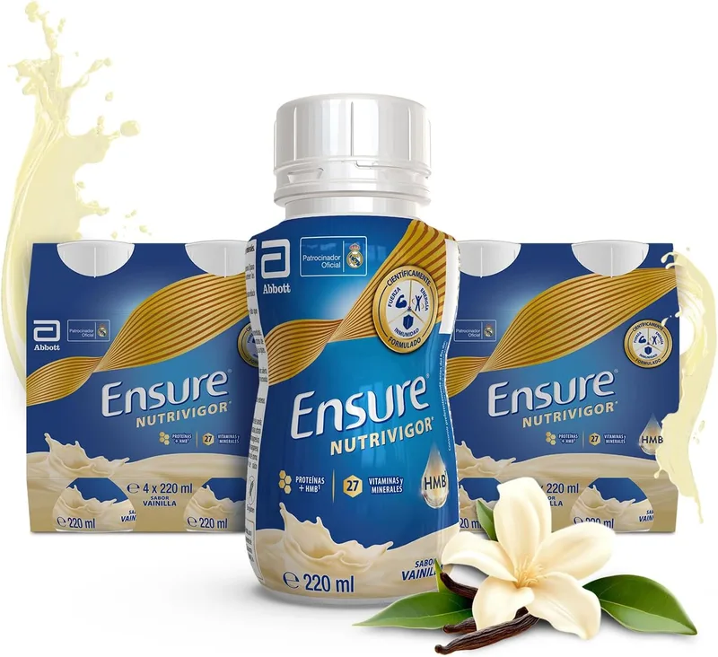Ensure ▫️ Nutrivigor - Suplemento alimentar para adultos com HMB, proteínas, vitaminas e minerais como o cálcio - Sabor a baunilha - Embalagem de 8 frascos de 220 ml
