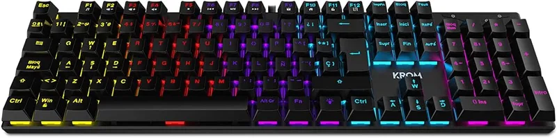 KROM ▫️ KASIC – Teclado mecânico para jogos com RGB, com switches vermelhos, disposição de teclas espanhola, retroiluminação arco-íris, 25 teclas com anti-ghosting e 12 teclas multimédia, modo de jogo, ligação USB – Preto