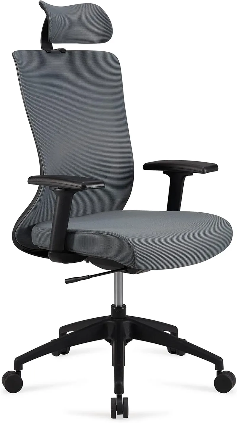 Amazon Basics ▫️ Cadeira executiva ergonómica, encosto alto, cadeira de secretária, cadeira de escritório, apoio de cabeça ajustável, apoios de braços e apoio lombar, 63 x 59,5 x 124 cm, cinzento, com apoio de cabeça ajustável, apoios de braços e apoio lombar, 63 x 59,5 x 124 cm, cinzento, com apoio