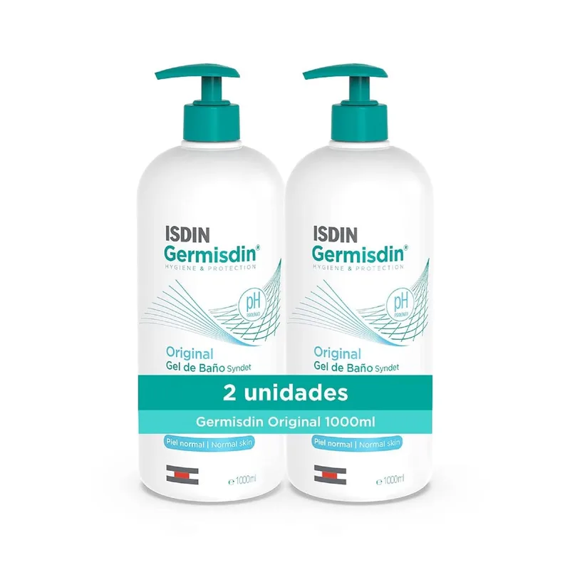 ISDIN ▫️ Germisdin Original Gel de Banho para uma limpeza diária que ajuda a proteger a pele e respeita a função de barreira. Embalagem com 2 unidades de 1.000 ml