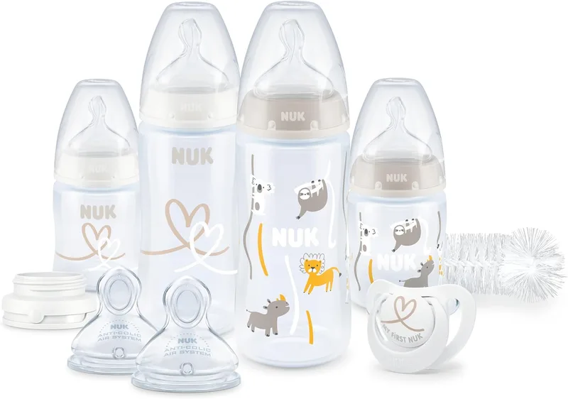 NUK ▫️ Conjunto de biberões Perfect Start First Choice+: 0-6 meses: 4 biberões com controlo de temperatura, chupeta, escova para biberões e muito mais: Sem BPA: Safari: 10 peças.