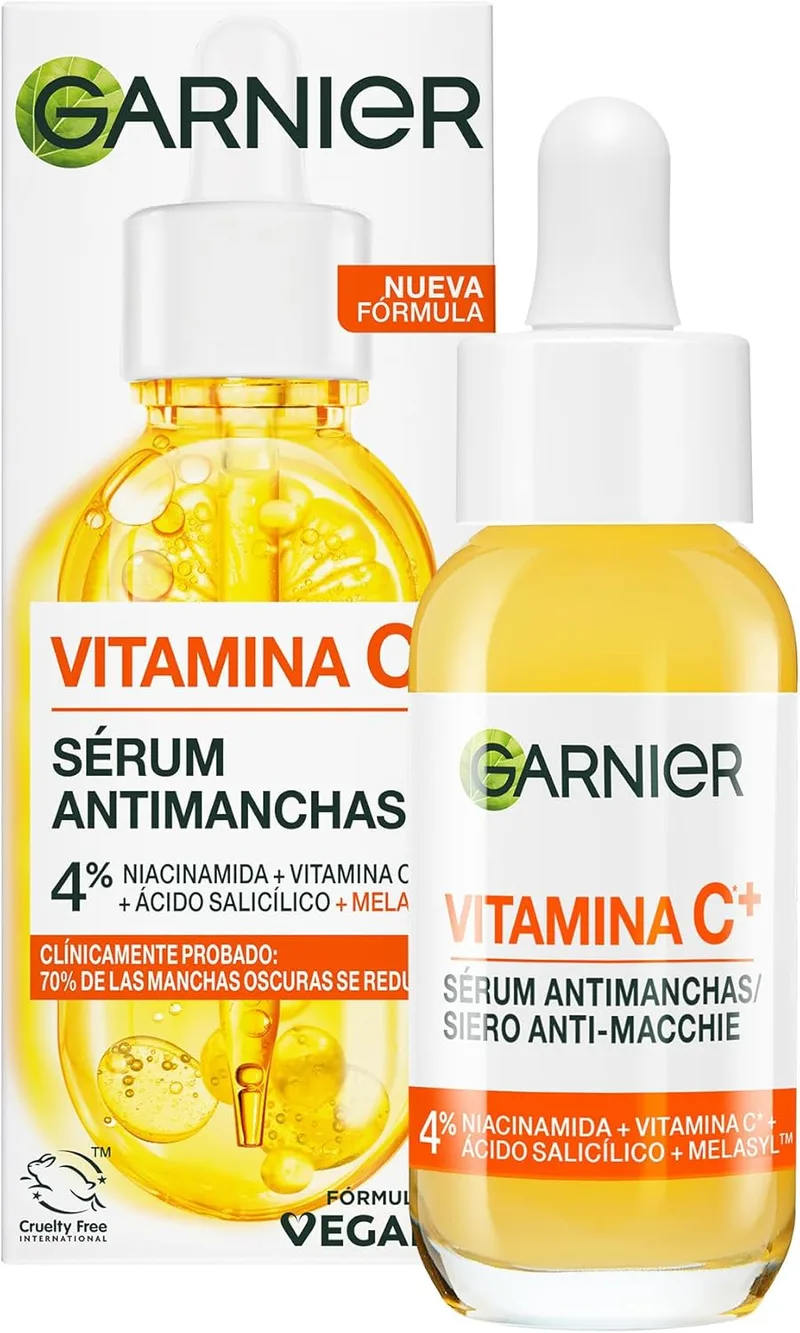 Garnier ▫️ Vitamin C Anti-Blemish Day Serum com 4% [Vitamina C + Niacinamida + Ácido Salicílico + Melasyl™]. N.º 1 no mundo. Reduz 70% das manchas escuras em 5 dias. 30 ml