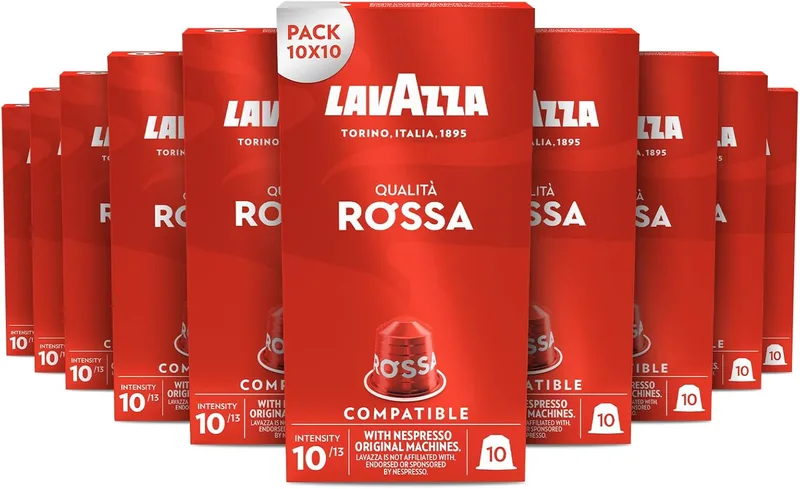 Lavazza ▫️ Qualità Rossa, 100 cápsulas de café compatíveis com máquinas Nespresso Original, com notas de chocolate e frutos secos, Arábica e Robusta, intensidade 10/13, torra média, exclusivo da Amazon