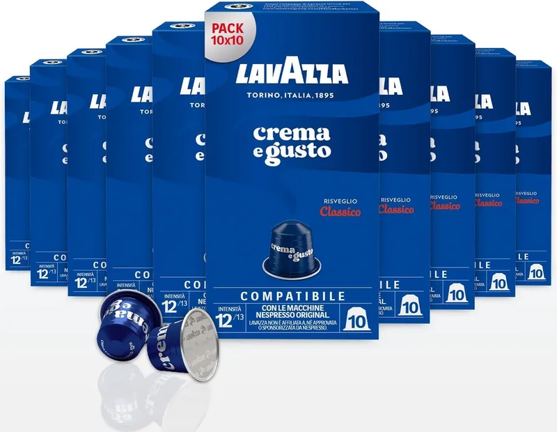 Lavazza ▫️ Crema e Gusto Classico, cápsulas de café compatíveis com máquinas Nespresso Original, com notas de especiarias e cacau, Arábica e Robusta, intensidade 12/13, torra leve, 10 embalagens de 10 unidades