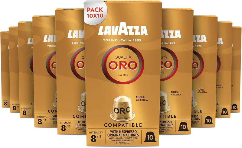 Lavazza ▫️ Qualità Oro, 100 cápsulas de café compatíveis com as máquinas Nespresso* Original, com notas aromáticas florais e frutadas, 100% Arábica, intensidade 8, torra leve