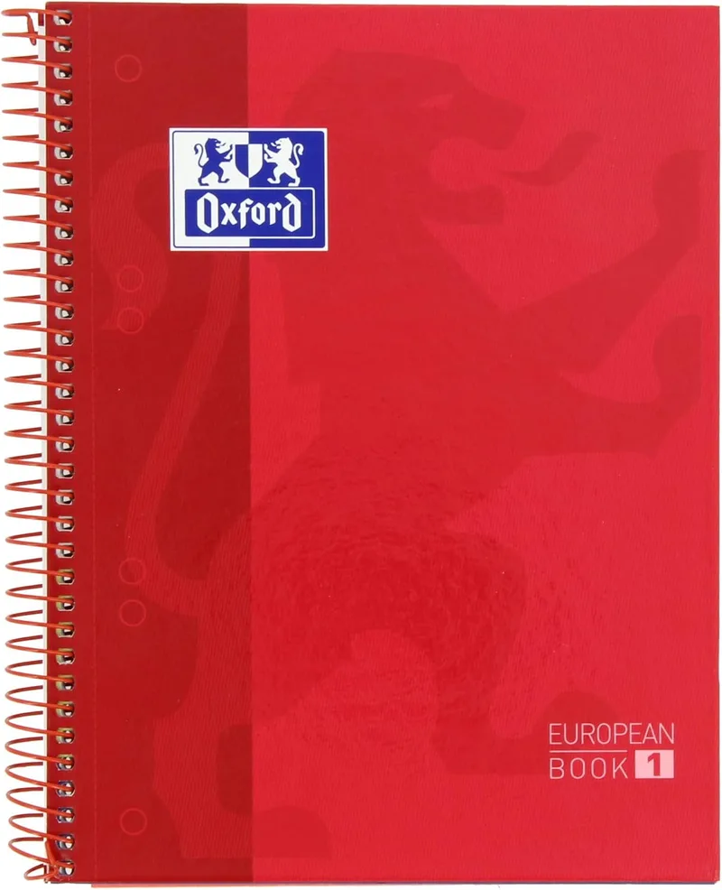 Oxford ▫️ Caderno A5 quadriculado 5x5, Caderno microperfurado Europeanbook1, Capa extra-resistente, 80 folhas de 90 gr, Cor vermelha