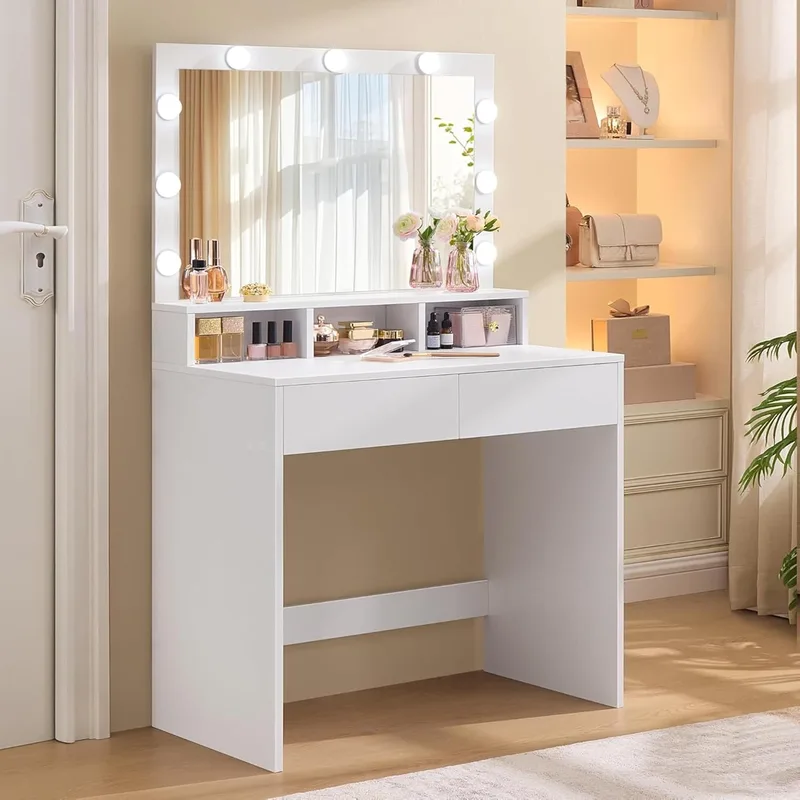 VASAGLE ▫️ Kailyn Collection - Penteadeira, Mesa de Maquilhagem com Espelho e Luzes LED, Luz Regulável em 3 Cores, 2 Gavetas e 3 Compartimentos, Moderna, Branco Nuvem RDT120WB01