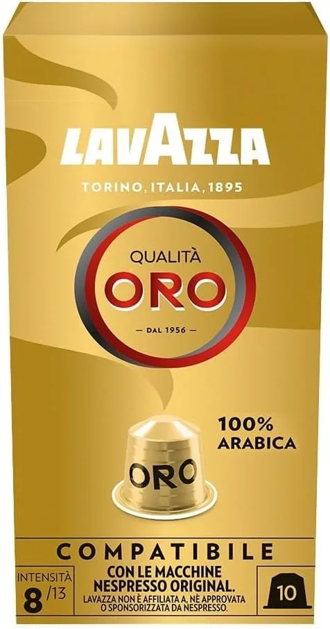 Lavazza ▫️ Qualità Oro, 10 cápsulas de café compatíveis com as máquinas Nespresso* Original, com notas aromáticas florais e frutadas, 100% Arábica, intensidade 8, torra leve