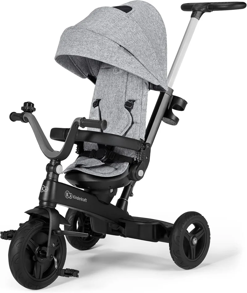 Kinderkraft ▫️ 5 in 1 Twipper, triciclo de corrida com barra de empurrar, assento rotativo a 360°, guiador para pais ajustável em altura, capota, 9 meses a 5 anos, cinzento