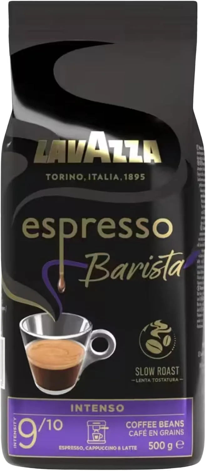 Lavazza ▫️ Espresso Barista Intenso, Café em Grão Natural Torrado, Ideal para Máquinas de Café Expresso ou Superautomáticas, com Notas Aromáticas de Cacau e Madeira, Intensidade 9/10, Torra Média, 500 g