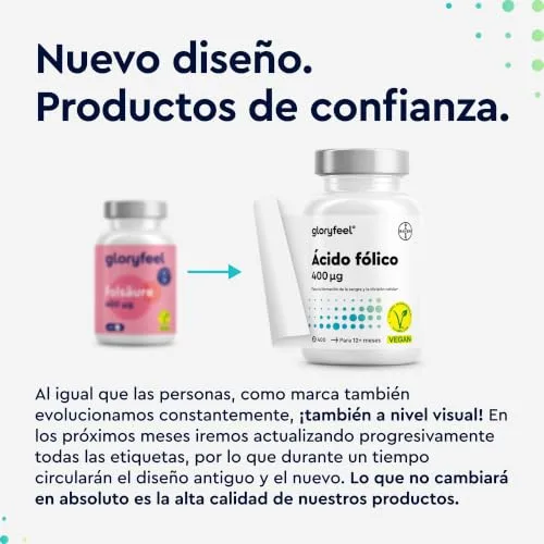 Gloryfeel ▫️ Ácido Fólico 400 Comprimidos (+1 ano) - 400 µg de vitamina B9 - Altamente concentrado e com excelente bioatividade - Sistema imunitário e células sanguíneas* - Vegano, sem aditivos e testado em laboratório 2