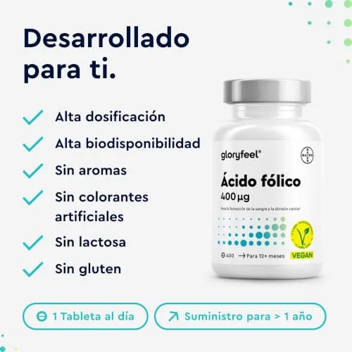 Gloryfeel ▫️ Ácido Fólico 400 Comprimidos (+1 ano) - 400 µg de vitamina B9 - Altamente concentrado e com excelente bioatividade - Sistema imunitário e células sanguíneas* - Vegano, sem aditivos e testado em laboratório 5