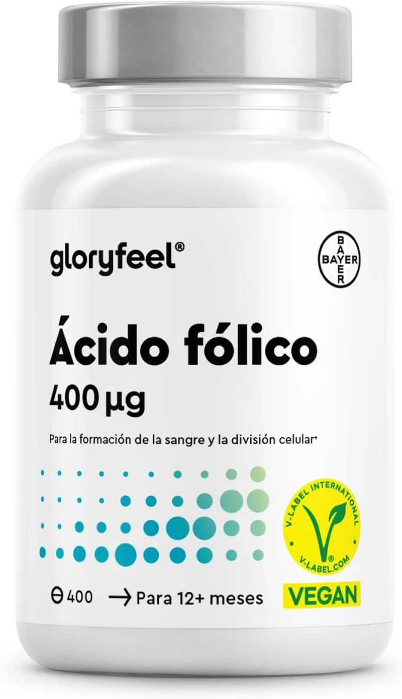 Gloryfeel ▫️ Ácido Fólico 400 Comprimidos (+1 ano) - 400 µg de vitamina B9 - Altamente concentrado e com excelente bioatividade - Sistema imunitário e células sanguíneas* - Vegano, sem aditivos e testado em laboratório