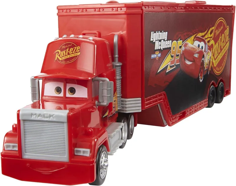 Mattel ▫️ Cars Mack truck, pista de carros de brinquedo convertível com lançadores, presente para crianças +3 anos (HDC75)