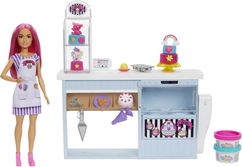 Barbie ▫️ e a sua Pastelaria «Boneca Cabelo Fantasia» com Loja, Conjunto de plasticina e Acessórios de brincar, Presente para meninas e meninos com mais de 3 anos, Multicolorido (Mattel HGB73)