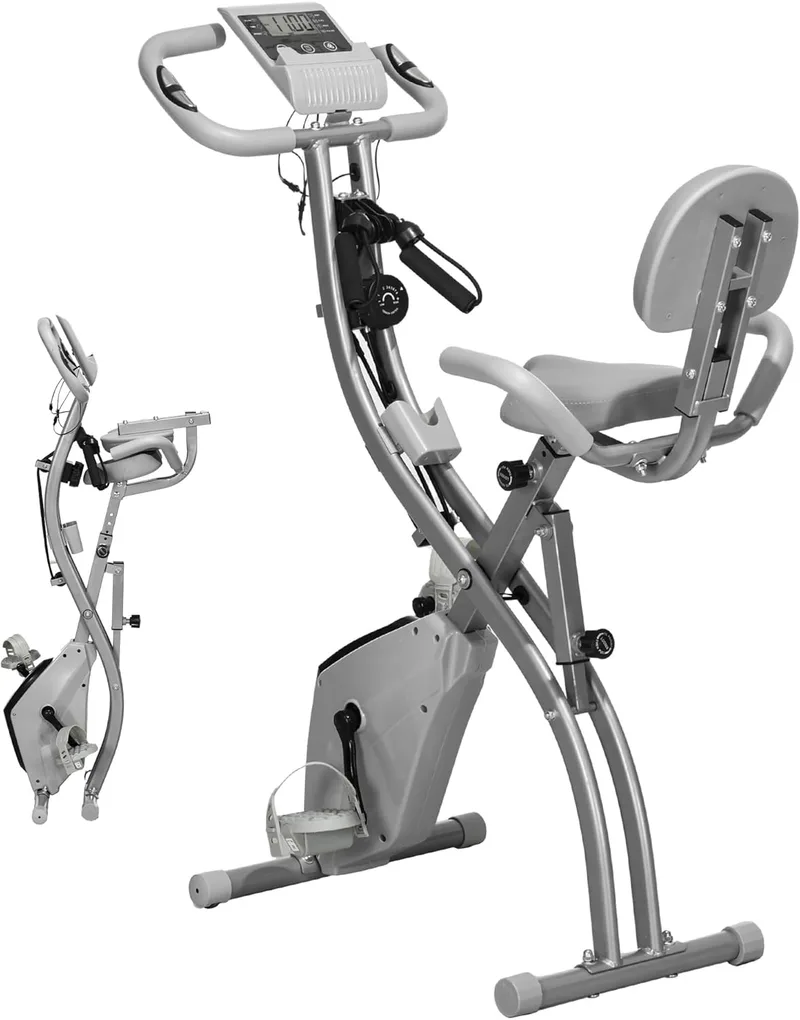HOMCOM ▫️ Bicicleta de exercício dobrável 3 em 1 com encosto e 8 níveis de resistência magnética, bicicleta de exercício doméstica ajustável com monitor LCD, volante, sensor de pulso, suporte para telemóvel