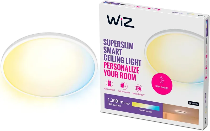 WiZ ▫️ Superslim Candeeiro de teto Superslim LED 14W, Luz branca quente a fria, Wi-Fi, com tecnologia SpaceSense, compatível com Alexa e Google Home, 24cm de diâmetro - Branco