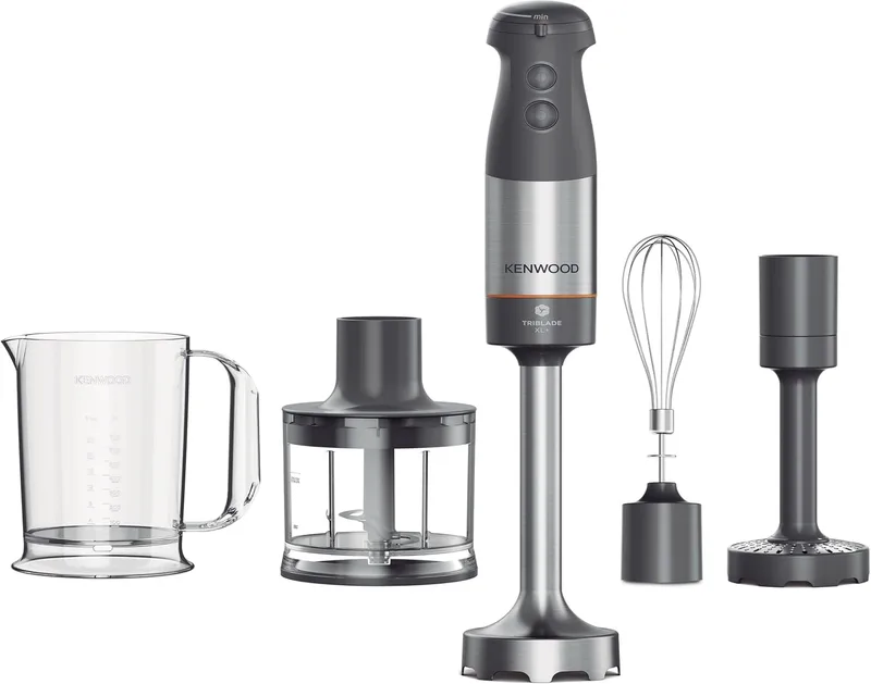 Kenwood Triblade XL+ HBM60.307GY, Mini-batedeira com 3 lâminas à prova de salpicos, picador de 500 ml, lâminas de metal, acessório para espremedor de batatas e copo de medição de plástico sem BPA, lavável na máquina de lavar louça, 1000 W, cinzento