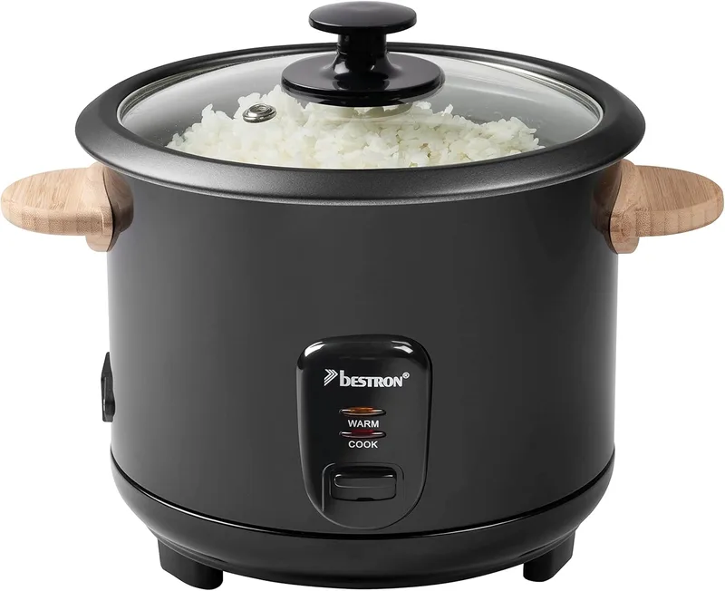 Bestron ▫️ Panela de arroz com pegas de madeira, para 8-10 pessoas, incl. copo medidor e colher de arroz, com função de aquecimento, capacidade 1,8 litros, 700 W, cor: preto