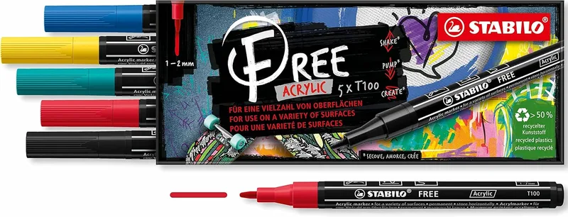 STABILO ▫️ Marcador acrílico FREE Acrylic T100 - Estuche com 5 cores - 1-2 mm