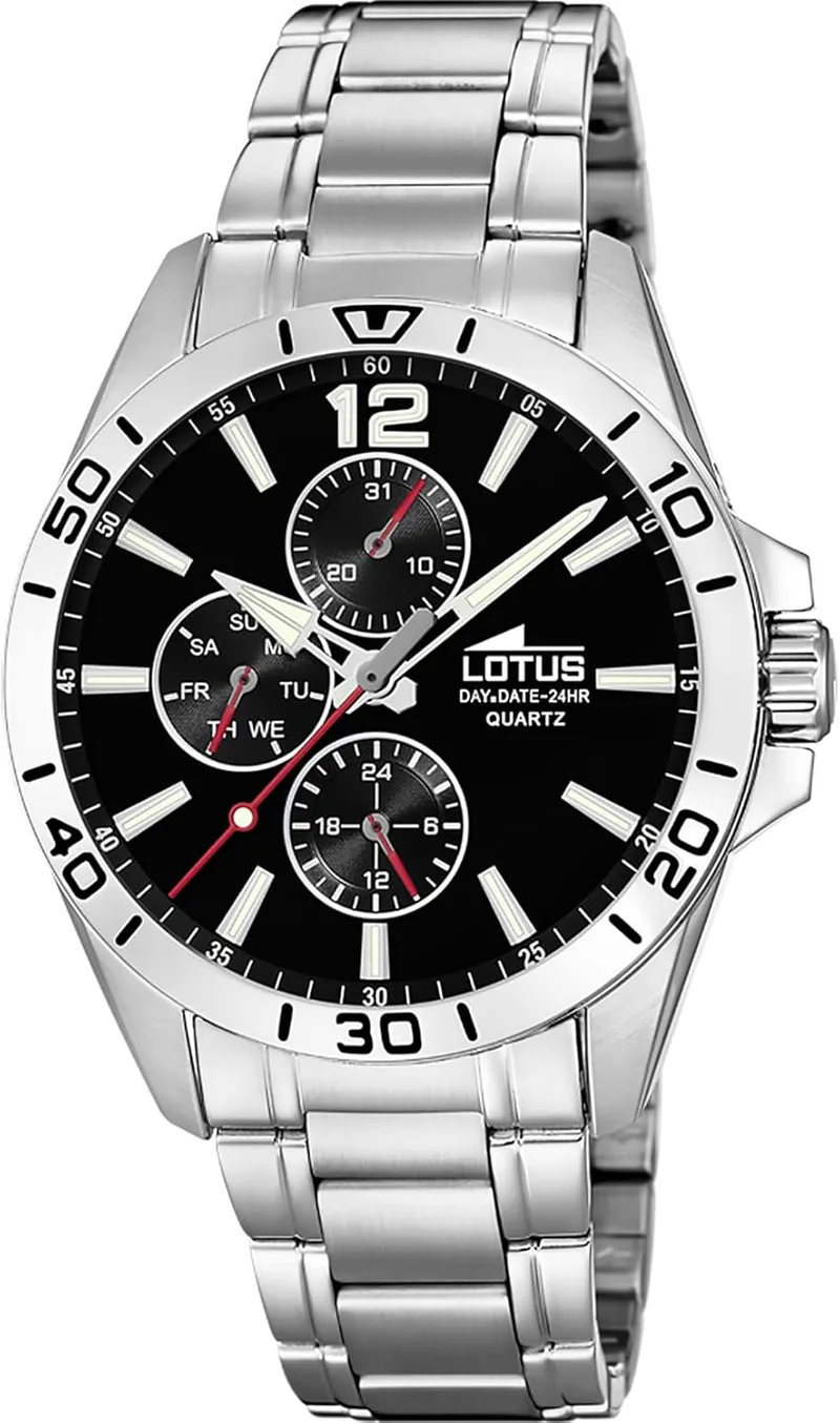 LOTUS ▫️ Relógio Analógico para Homem em Aço Inoxidável 316L Prateado - Mecanismo de quartzo - Cristal mineral de alta resistência - Resistente à água até 5 ATM - Multifunções 18812 Trendy