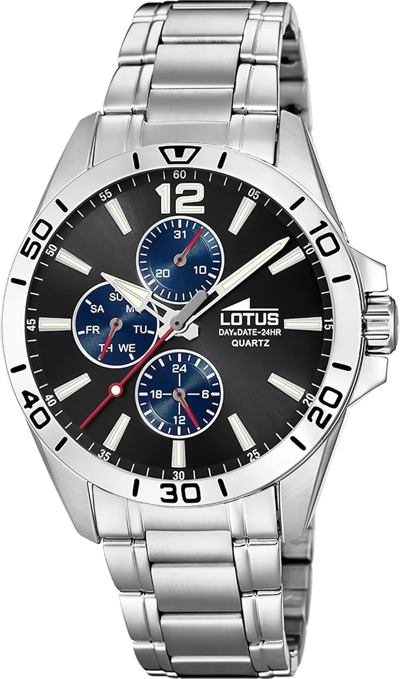 LOTUS ▫️ Relógio para homem, analógico, em aço inoxidável 316L prateado - Mecanismo de quartzo - Cristal mineral de alta resistência - Resistente à água até 5 ATM - Multifunções 18812 Trendy