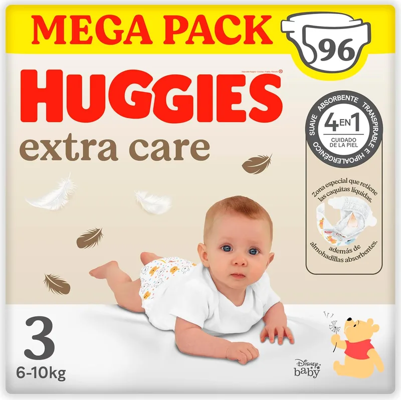 HUGGIES ▫️ Fralda Extra Care Disney Pattern Baby Tamanho 3 (5-9 kg), 3 pacotes x 32 fraldas, 96 fraldas com almofadas extra macias que cuidam da pele do bebé.