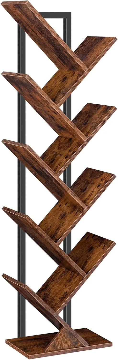 HOOBRO ▫️ Estante alta em forma de árvore, estante para livros com 8 níveis, de pé, estante industrial com prateleiras de madeira, para sala de estar, escritório em casa, castanho rústico, EBF08SJ01G1