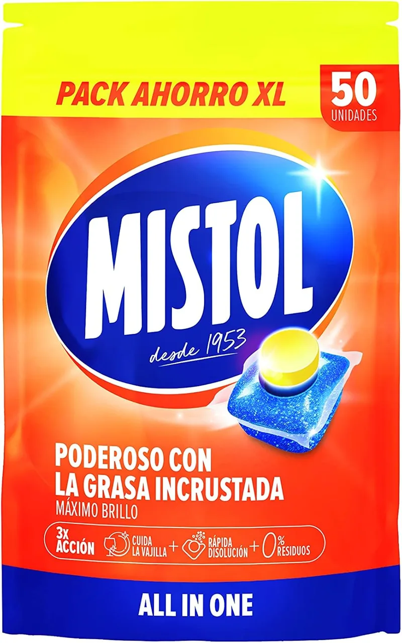 Mistol ▫️ All In One - 50 pastilhas para máquina de lavar loiça com poder desengordurante avançado, brilho intenso e dissolução rápida, proteção total e zero resíduos - limpeza eficaz e responsável