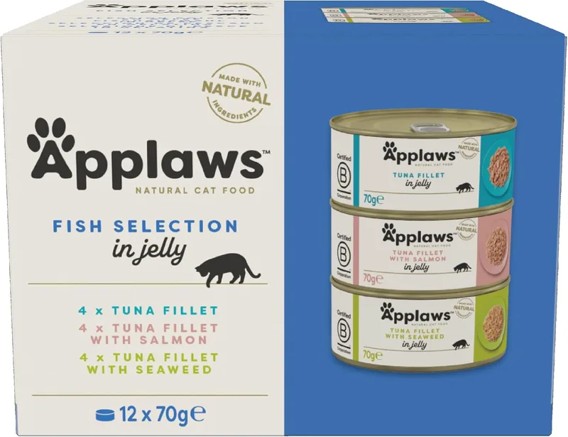 Applaws ▫️ Natural - Comida húmida para gatos, seleção de peixe em gelatina (Embalagem de 12 latas de 70 g)