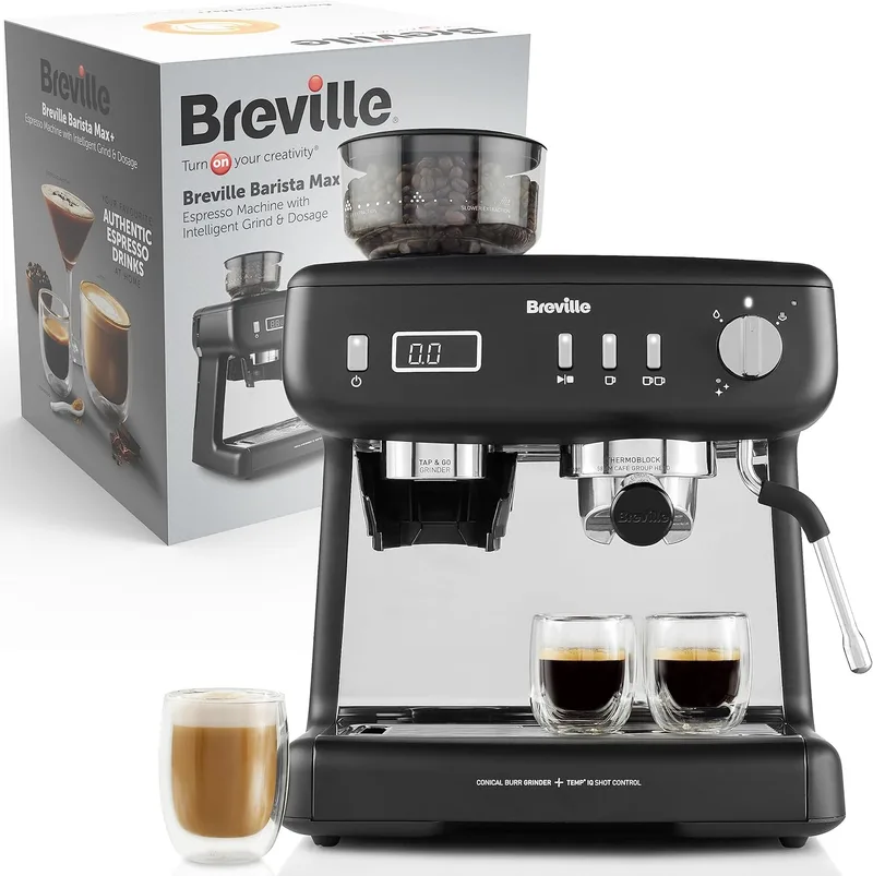 Breville ▫️ Máquina de café expresso Barista Max+ : Moagem e dosagem inteligentes : Temporizador de extração de precisão : Bocal de leite integrado : Bomba italiana de 15 bar : Preto [VCF152X] [VCF152X].