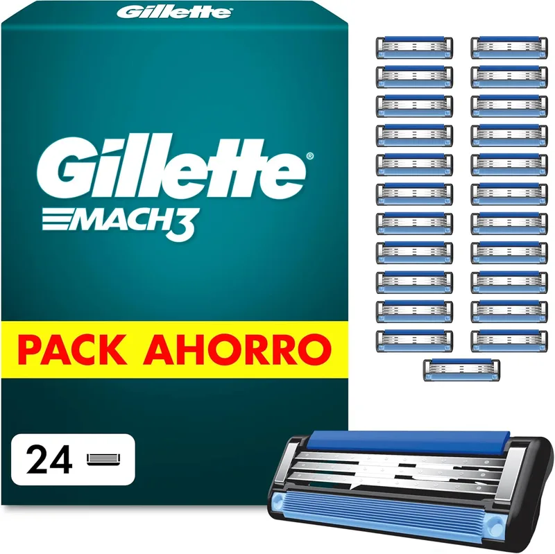 Gillette ▫️ Mach3 Base - Recargas para máquinas de barbear para homem, embalagem de 24 lâminas de barbear com 3 lâminas e faixa lubrificante para um barbear suave, compatíveis com todos os cabos Mach3