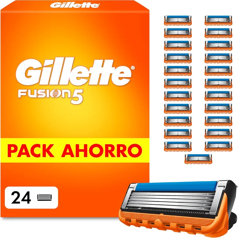 Gillette ▫️ Lâminas de barbear Fusion5 para homem, embalagem de 24 | Recargas para máquinas de barbear com 5 lâminas, faixa de gel lubrificante e aparador de precisão