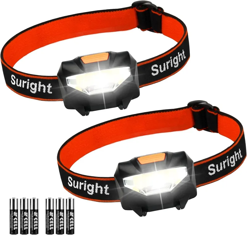 Suright ▫️ Lanterna de cabeça lanterna de cabeça de 2 peças com 3 modos de iluminação e ângulo ajustável de 60°, lanterna de cabeça à prova de água com 6 pilhas AAA para corrida, campismo, caminhadas, pesca, ciclismo, etc.