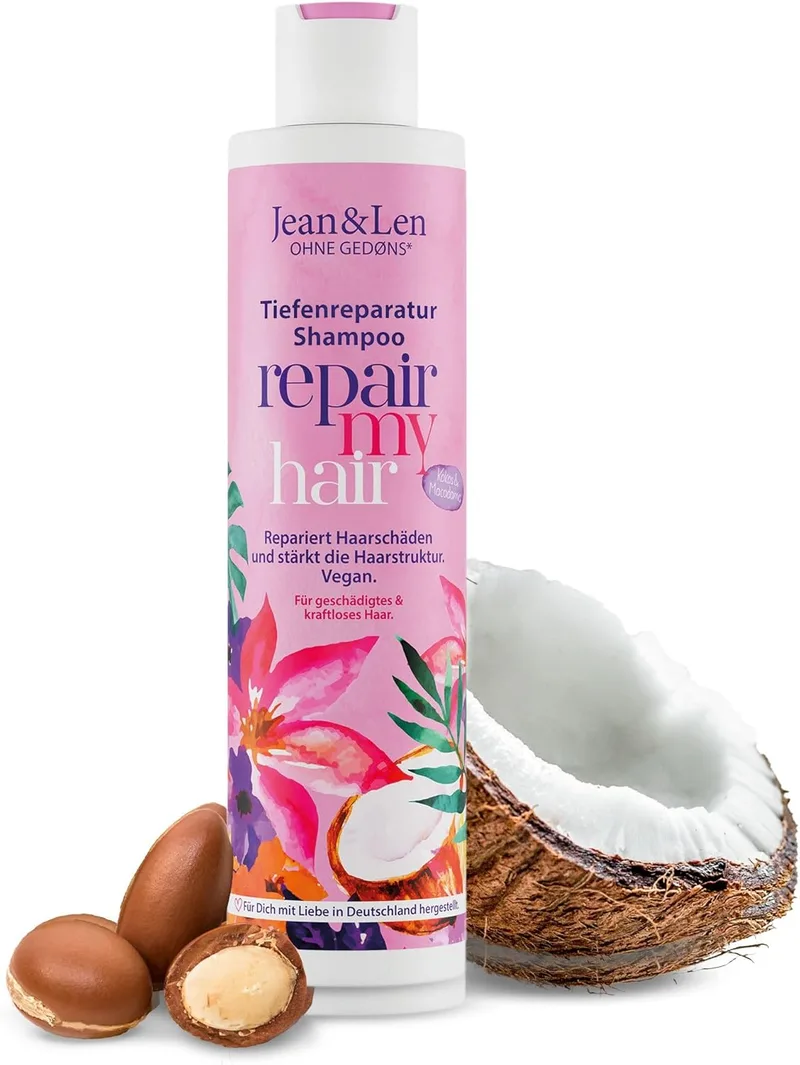 Jean & Len ▫️ Champô Reparador com Óleo de Coco e Macadâmia, para cabelos danificados e fracos, previne a perda de hidratação, repara os danos capilares, sem parabenos nem silicones, vegan, 300 ml