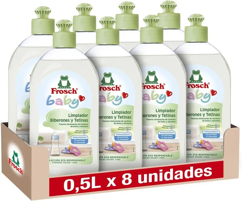 FROSCH ▫️ Baby - Produto de limpeza para biberões e tetinas, elimina resíduos de leite e comida, produto hipoalergénico - não deixa resíduos - embalagem de 8 unidades de 500 ml