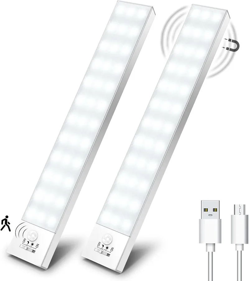 OUILA ▫️ Luz LED magnética para armário com sensor de movimento, branco natural 5000K, 36 LEDs, 4 modos de iluminação, adesiva, recarregável via USB, 1000mAh, para cozinha, armário, escadas, corredor, garagem – 2 unidades
