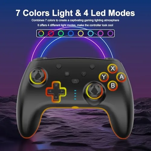 GEEKHAVE ▫️ Comando sem fios para Switch/Switch 2/Lite/OLED/PC; Comando Switch Pro com iluminação RGB de 7 cores alternantes/gatilhos com efeito Hall/dupla vibração/turbo, joystick ergonómico e preciso 2
