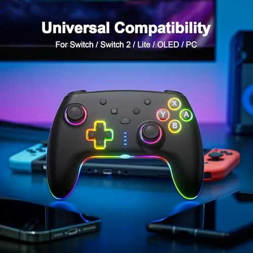 GEEKHAVE ▫️ Comando sem fios para Switch/Switch 2/Lite/OLED/PC; Comando Switch Pro com iluminação RGB de 7 cores alternantes/gatilhos com efeito Hall/dupla vibração/turbo, joystick ergonómico e preciso 3