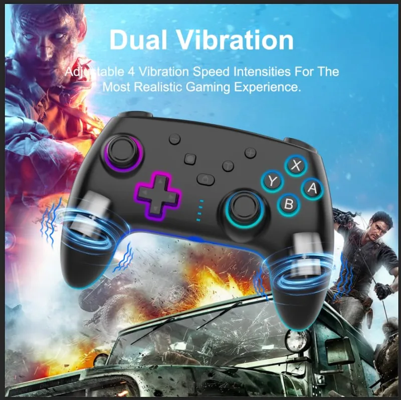 GEEKHAVE ▫️ Comando sem fios para Switch/Switch 2/Lite/OLED/PC; Comando Switch Pro com iluminação RGB de 7 cores alternantes/gatilhos com efeito Hall/dupla vibração/turbo, joystick ergonómico e preciso 5