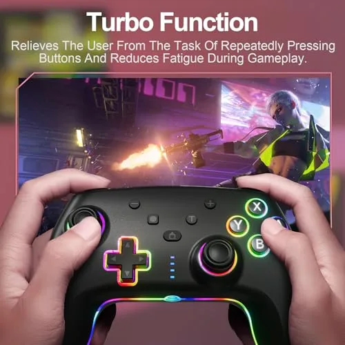 GEEKHAVE ▫️ Comando sem fios para Switch/Switch 2/Lite/OLED/PC; Comando Switch Pro com iluminação RGB de 7 cores alternantes/gatilhos com efeito Hall/dupla vibração/turbo, joystick ergonómico e preciso 6