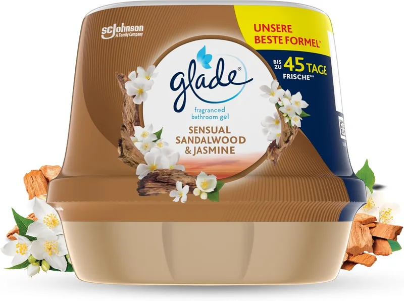 Glade ▫️ Sensual Sandalwood & Jasmine Sensual Absorbing Bath Gel Air Freshener, Dura até 45 Dias, com Óleos Essenciais, 1 Gel