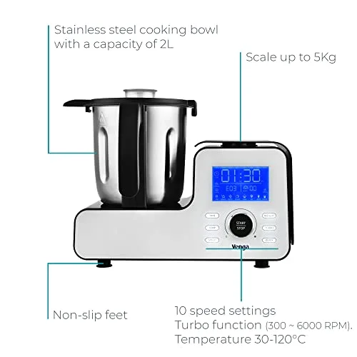 Venga! ▫️ Vá lá! Robô de cozinha multifuncional, tamanho compacto, 10 programas, com balança e livro de receitas, 1500 W, branco/preto, VG HA 3000 3