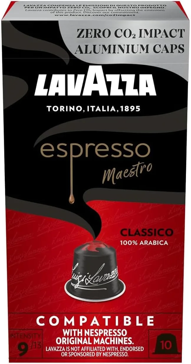 Lavazza ▫️ Espresso Maestro Classico, 10 cápsulas de café compatíveis com as máquinas Nespresso* Original, com notas aromáticas de cereais e biscoitos, 100% Arábica, intensidade 9, torrefação média escura